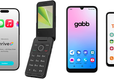 A row of different phone options including a Thrive iPhone, a flip phone, and a Gabb phone