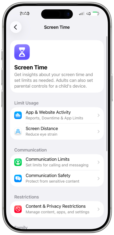 iPhone showing Apple Screen Time settings